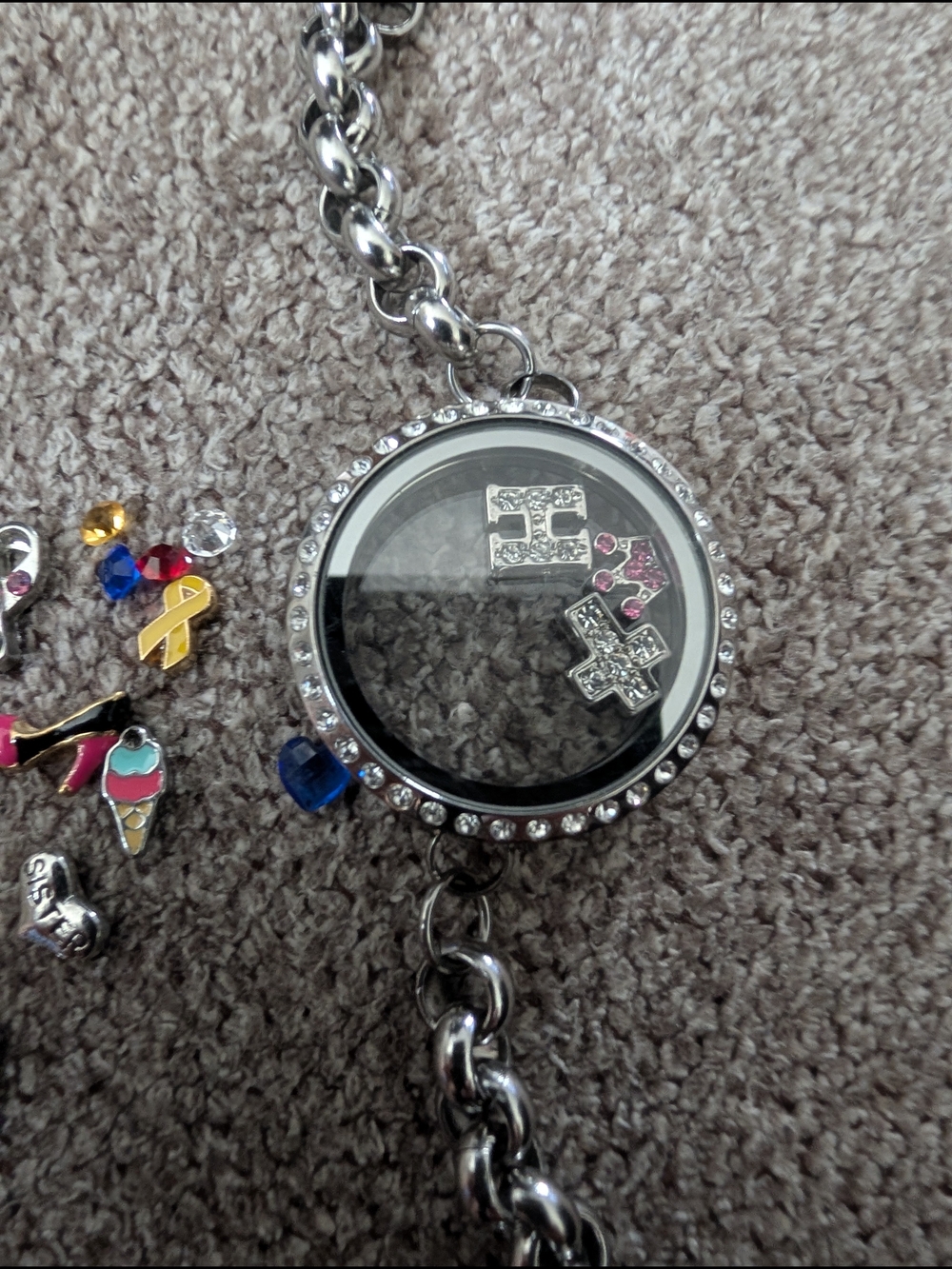 Silver Floating Charm Locket Bracelet with Crystals